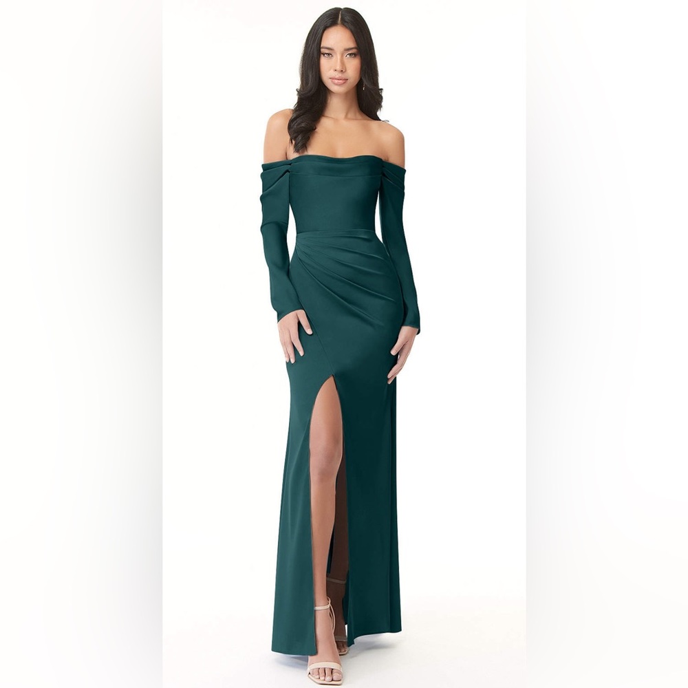AZAZIE HALLIE - Sheath Long Sleeve Stretch Satin Floor-Length Dress Pine A14